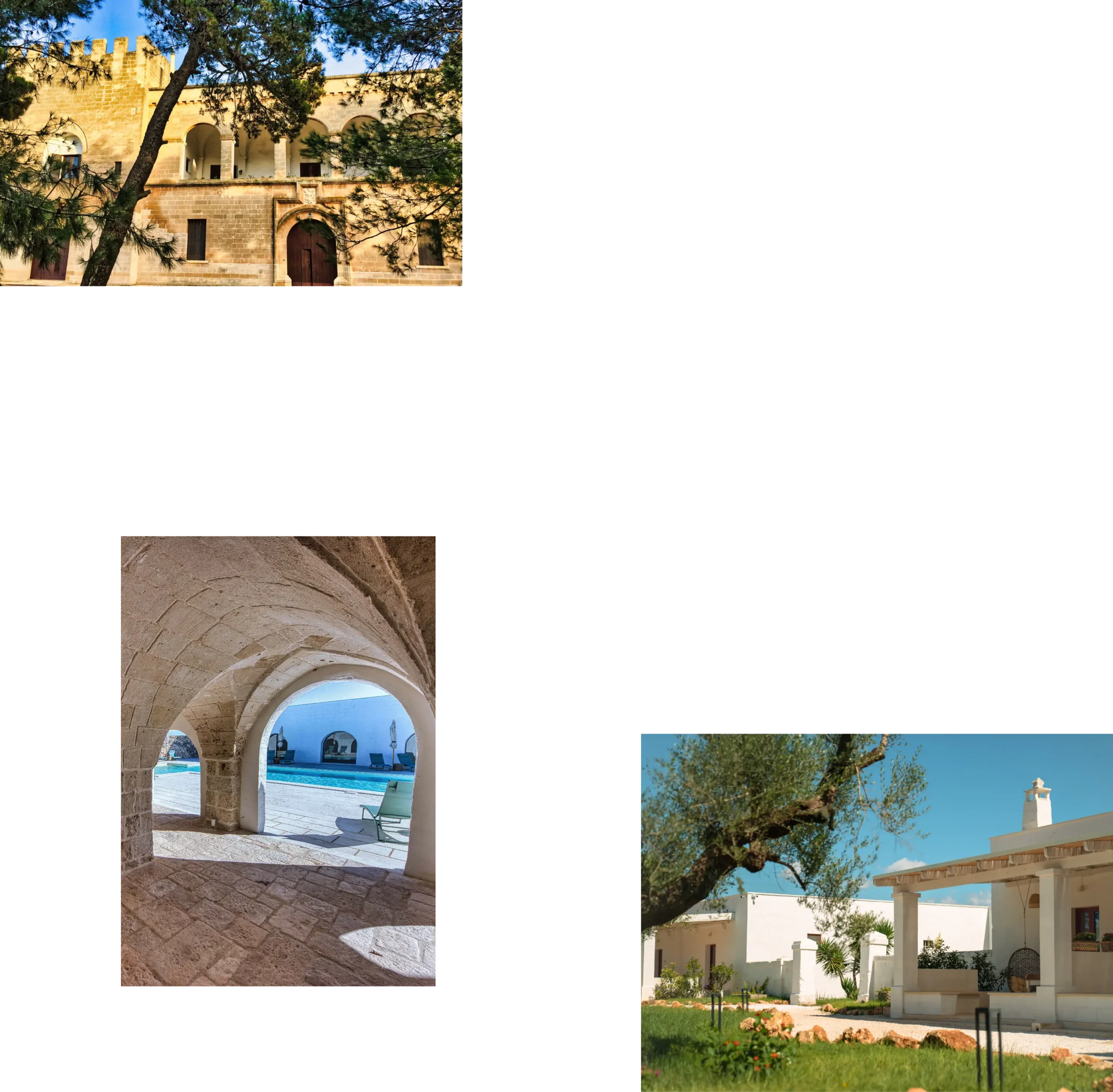 Facciata storica di Masseria Rescio con torre e albero di pino